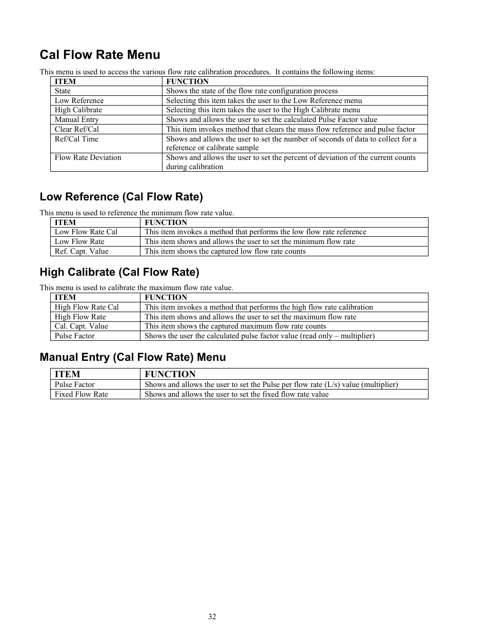 Cal flow rate menu, Low reference (cal flow rate), High calibrate (cal flow rate) | Manual entry (cal flow rate) menu | Ronan X96S MASS FLOW GAUGE User Manual | Page 36 / 77
