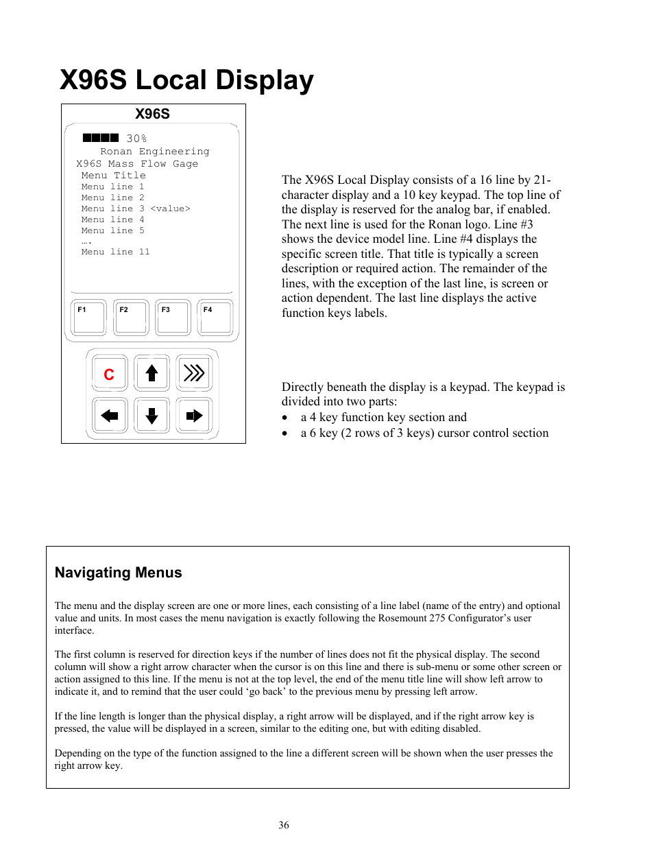 X96s local display, Navigating menus, X96s | Ronan X96S MASS FLOW GAUGE User Manual | Page 40 / 77