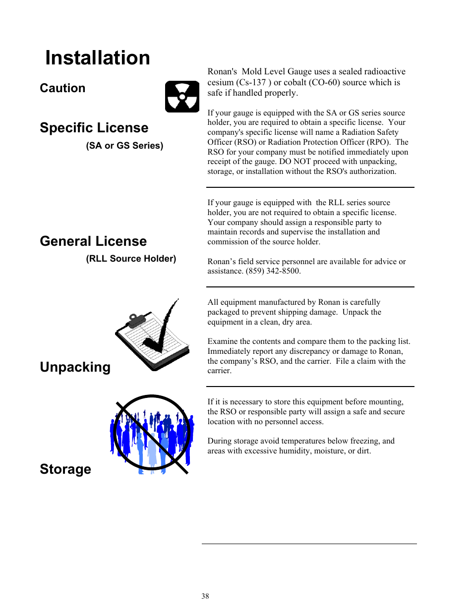 Installation, Specific license, General license | Unpacking storage | Ronan X96S MASS FLOW GAUGE User Manual | Page 42 / 77