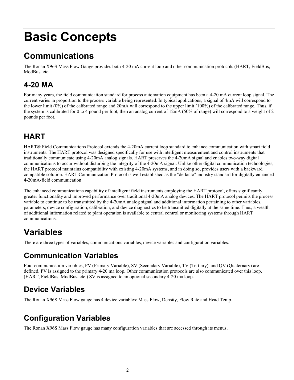 Basic concepts, Communications, Variables | 20 ma, Hart, Communication variables, Device variables, Configuration variables | Ronan X96S MASS FLOW GAUGE User Manual | Page 6 / 77