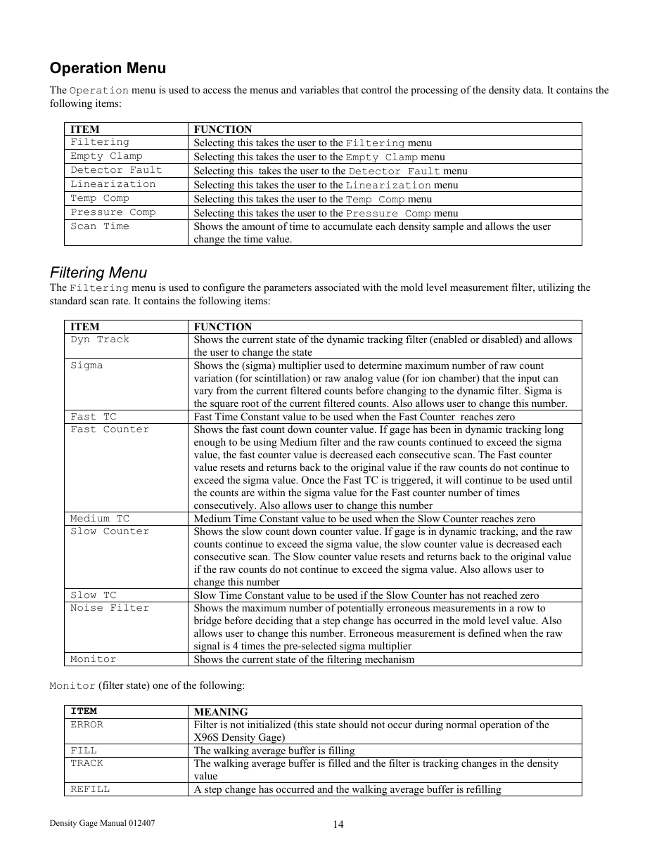Operation menu, Filtering menu | Ronan X96S DENSITY GAGE User Manual | Page 18 / 67
