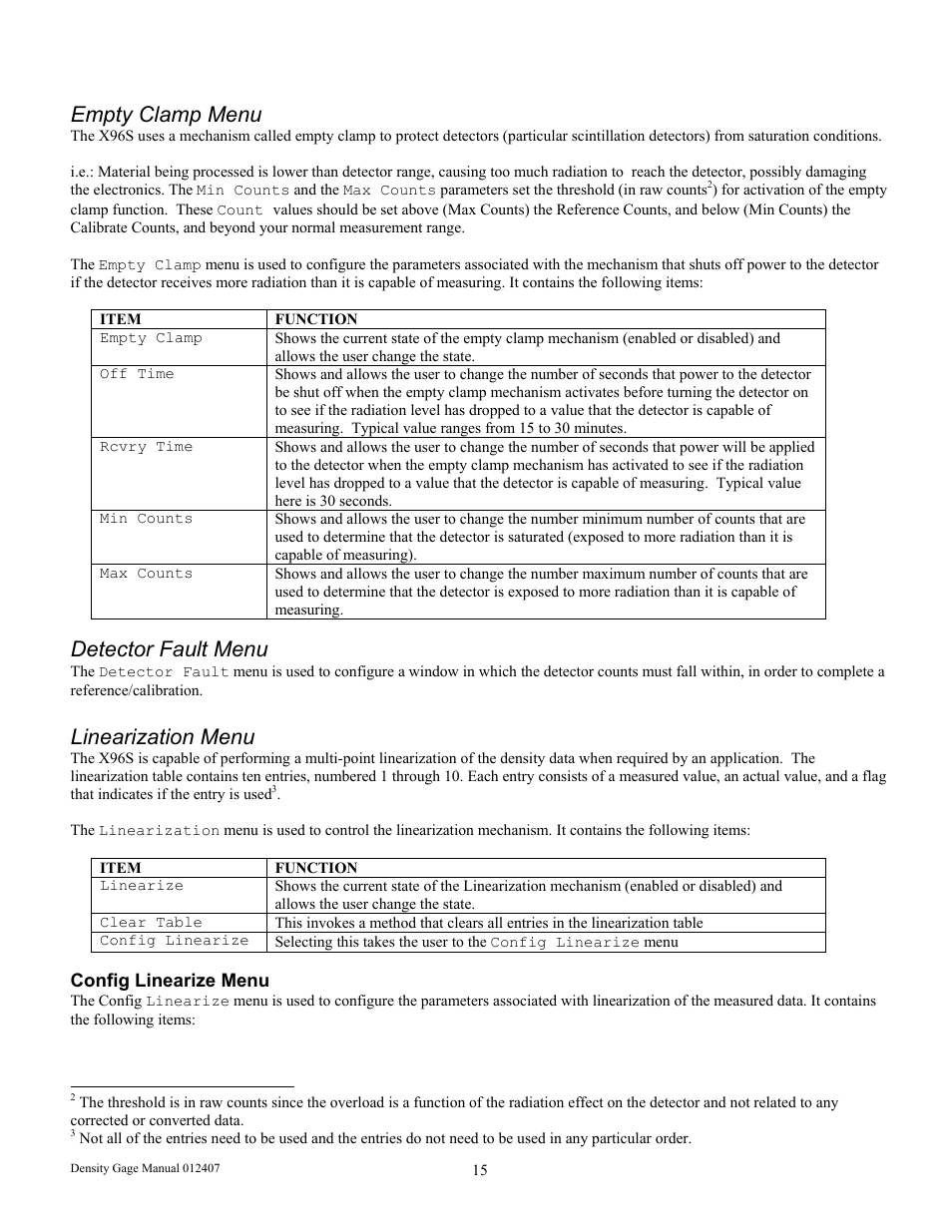 Empty clamp menu, Detector fault menu, Linearization menu | Ronan X96S DENSITY GAGE User Manual | Page 19 / 67