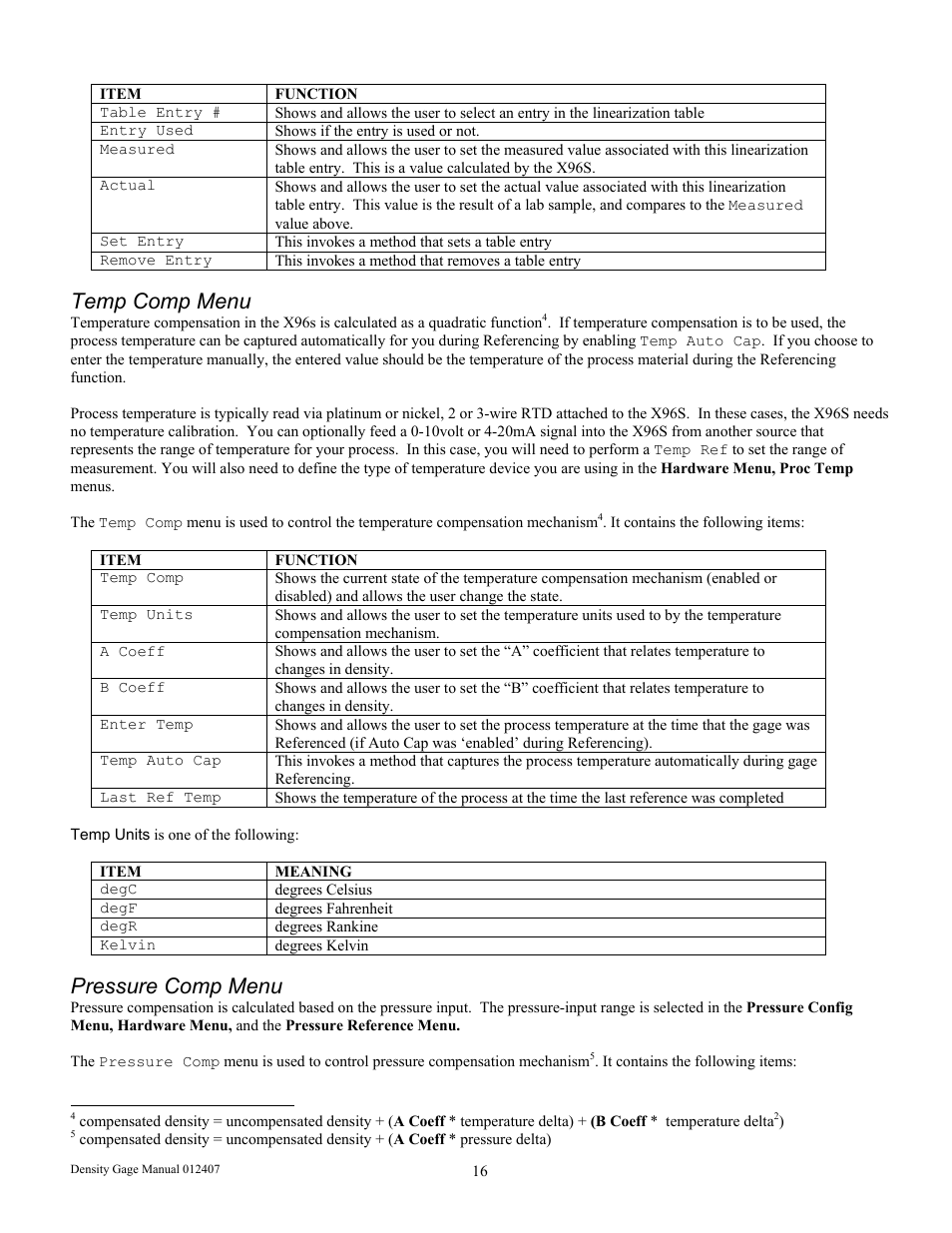 Temp comp menu, Pressure comp menu | Ronan X96S DENSITY GAGE User Manual | Page 20 / 67