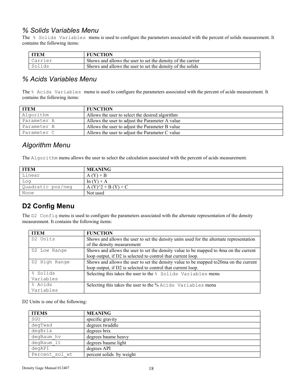 Solids variables menu, Acids variables menu, Algorithm menu | D2 config menu | Ronan X96S DENSITY GAGE User Manual | Page 22 / 67