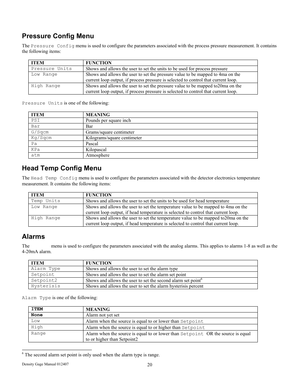 Pressure config menu, Head temp config menu, Alarms | Ronan X96S DENSITY GAGE User Manual | Page 24 / 67