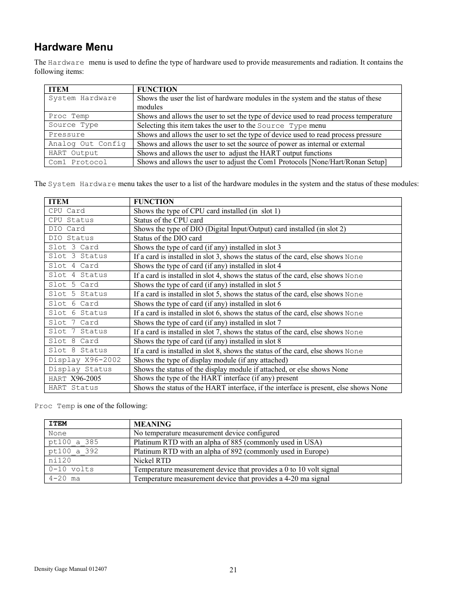 Hardware menu | Ronan X96S DENSITY GAGE User Manual | Page 25 / 67