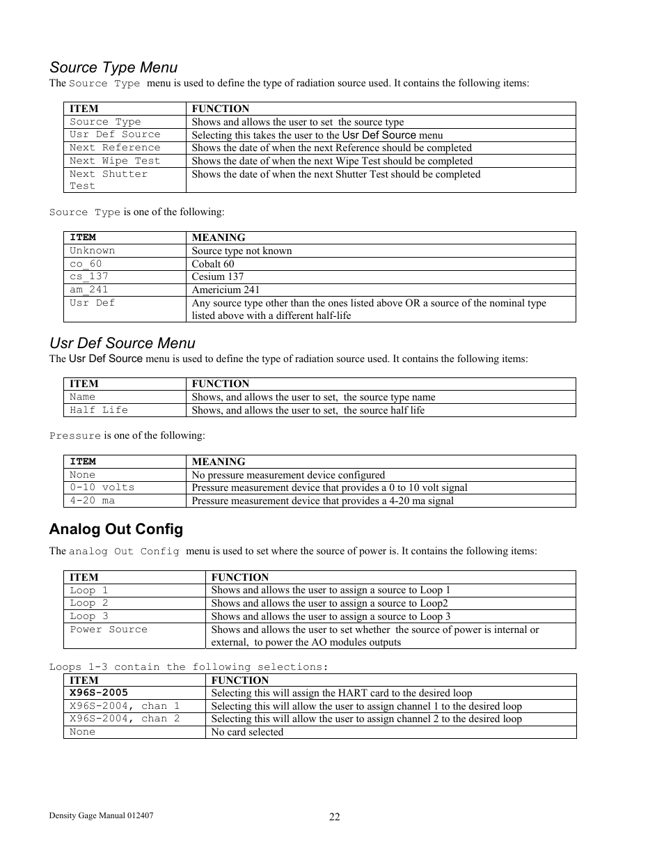 Source type menu, Usr def source menu, Analog out config | Ronan X96S DENSITY GAGE User Manual | Page 26 / 67