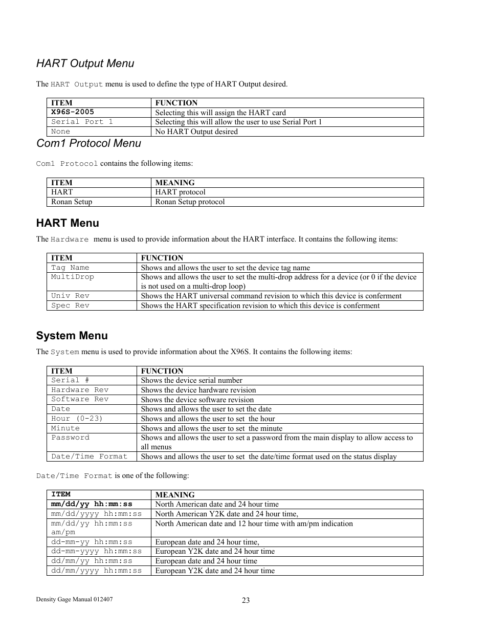Hart output menu, Com1 protocol menu, Hart menu | System menu | Ronan X96S DENSITY GAGE User Manual | Page 27 / 67