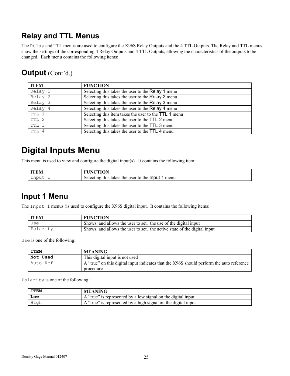 Digital inputs menu, Relay and ttl menus, Output | Input 1 menu, Cont’d.) | Ronan X96S DENSITY GAGE User Manual | Page 29 / 67