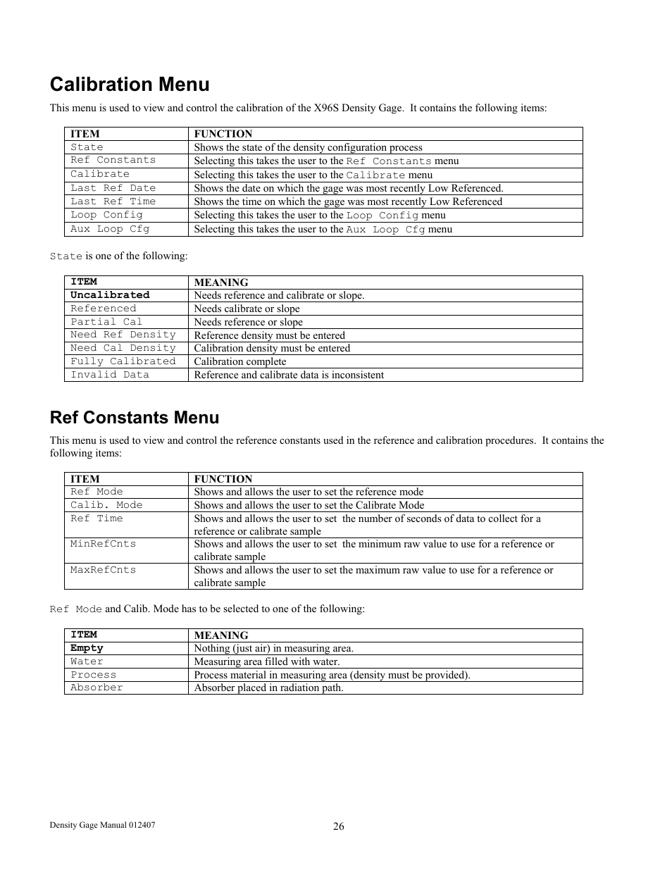 Calibration menu, Ref constants menu | Ronan X96S DENSITY GAGE User Manual | Page 30 / 67