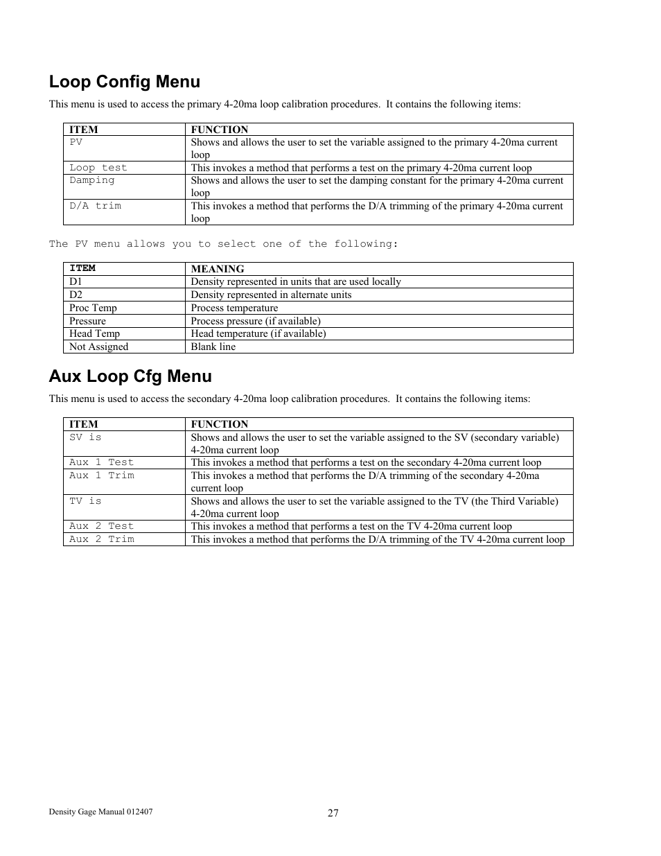 Loop config menu, Aux loop cfg menu | Ronan X96S DENSITY GAGE User Manual | Page 31 / 67