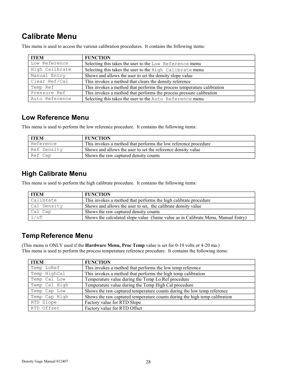Calibrate menu, Low reference menu, High calibrate menu | Temp, Reference menu | Ronan X96S DENSITY GAGE User Manual | Page 32 / 67