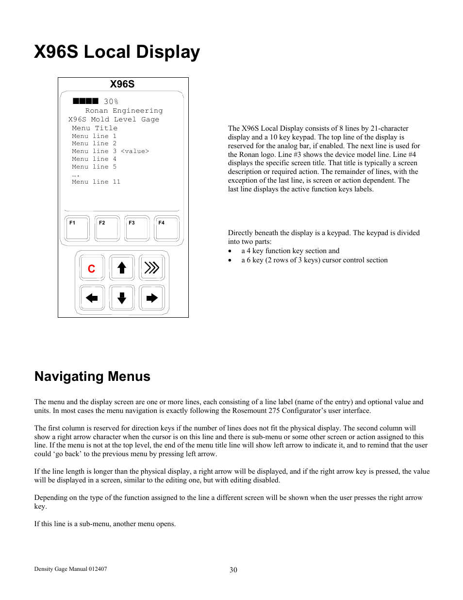 X96s local display, Navigating menus, X96s | Ronan X96S DENSITY GAGE User Manual | Page 34 / 67