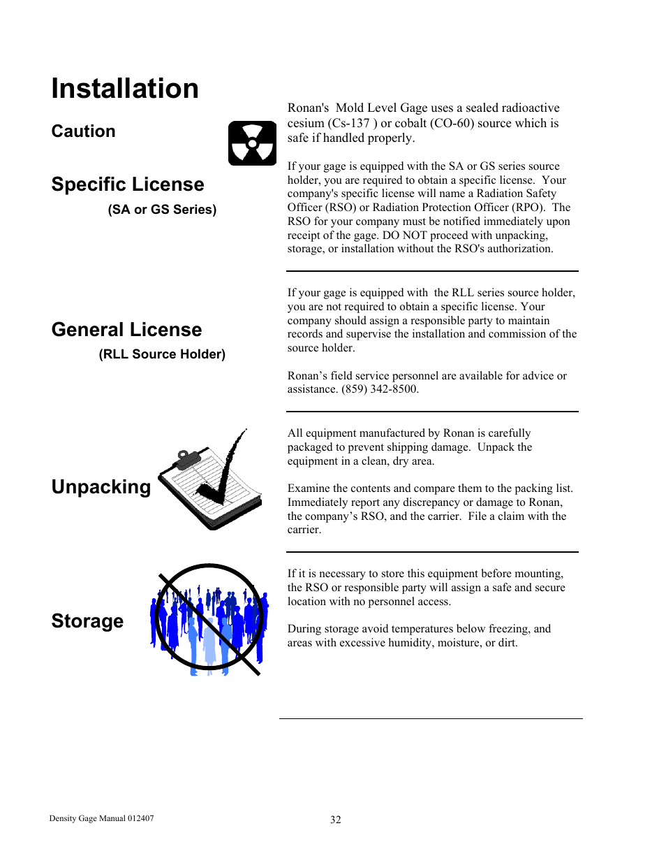 Installation, Specific license, General license | Unpacking storage | Ronan X96S DENSITY GAGE User Manual | Page 36 / 67