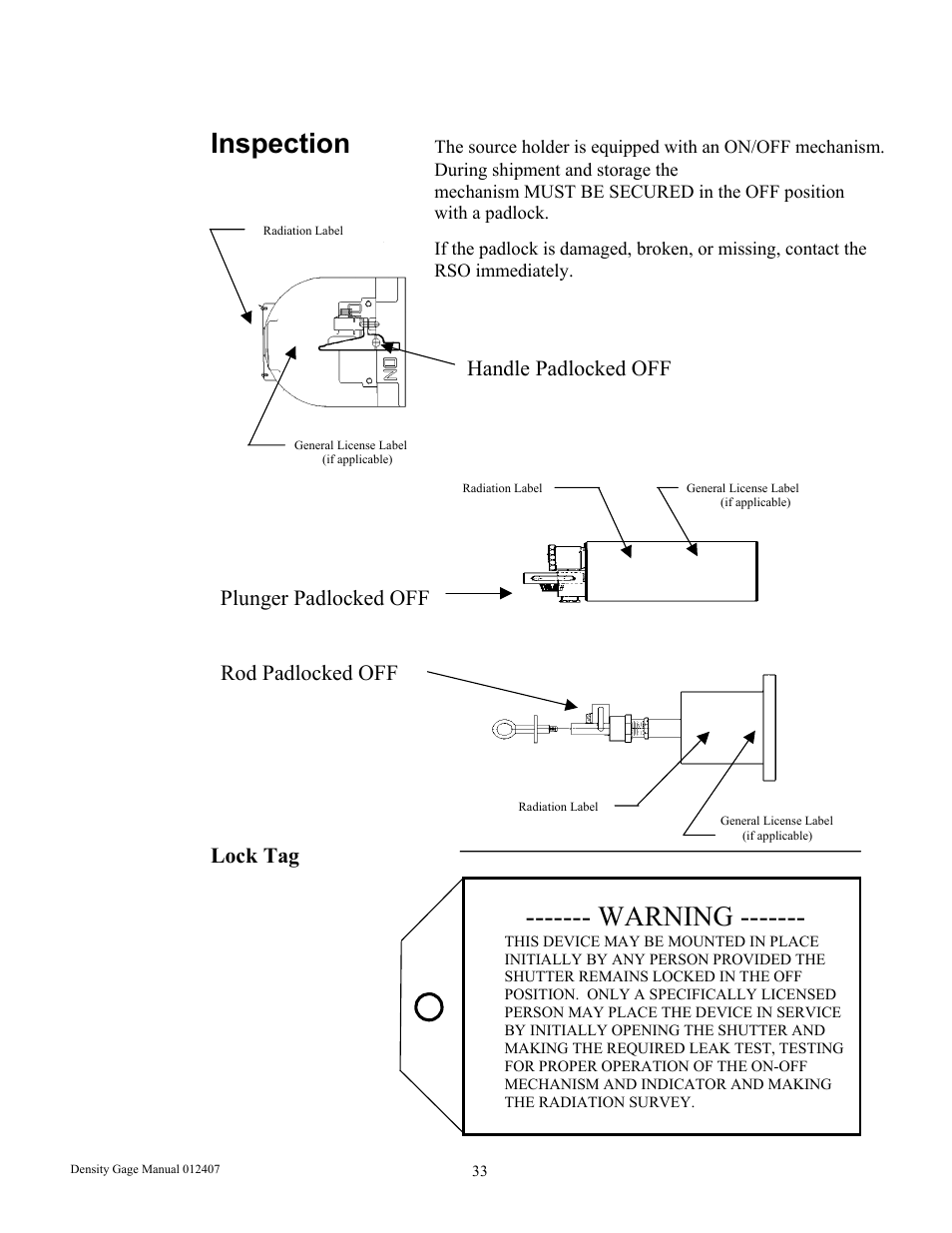 Inspection, Warning, Handle padlocked off | Plunger padlocked off rod padlocked off, Lock tag | Ronan X96S DENSITY GAGE User Manual | Page 37 / 67