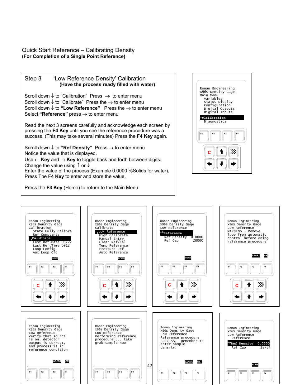 Quick start reference – calibrating density, Step 3 ‘low reference density’ calibration, For completion of a single point reference) | Ronan X96S DENSITY GAGE User Manual | Page 46 / 67