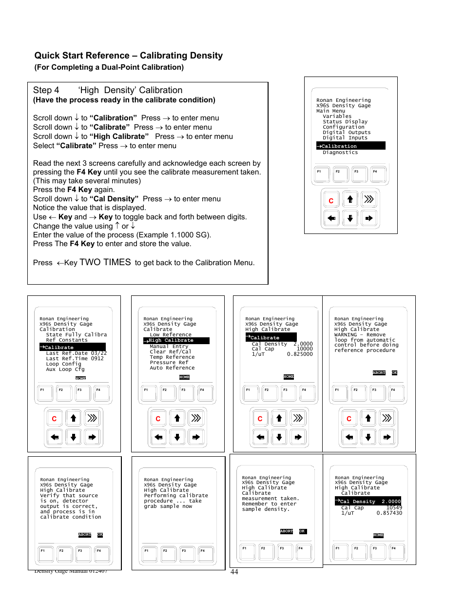 Quick start reference – calibrating density, Step 4 ‘high density’ calibration, Two times | For completing a dual-point calibration) | Ronan X96S DENSITY GAGE User Manual | Page 48 / 67