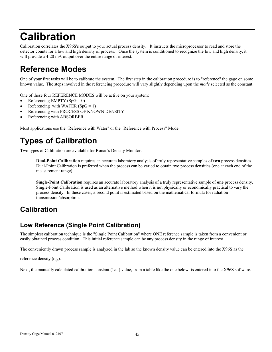 Calibration, Reference modes, Types of calibration | Ronan X96S DENSITY GAGE User Manual | Page 49 / 67