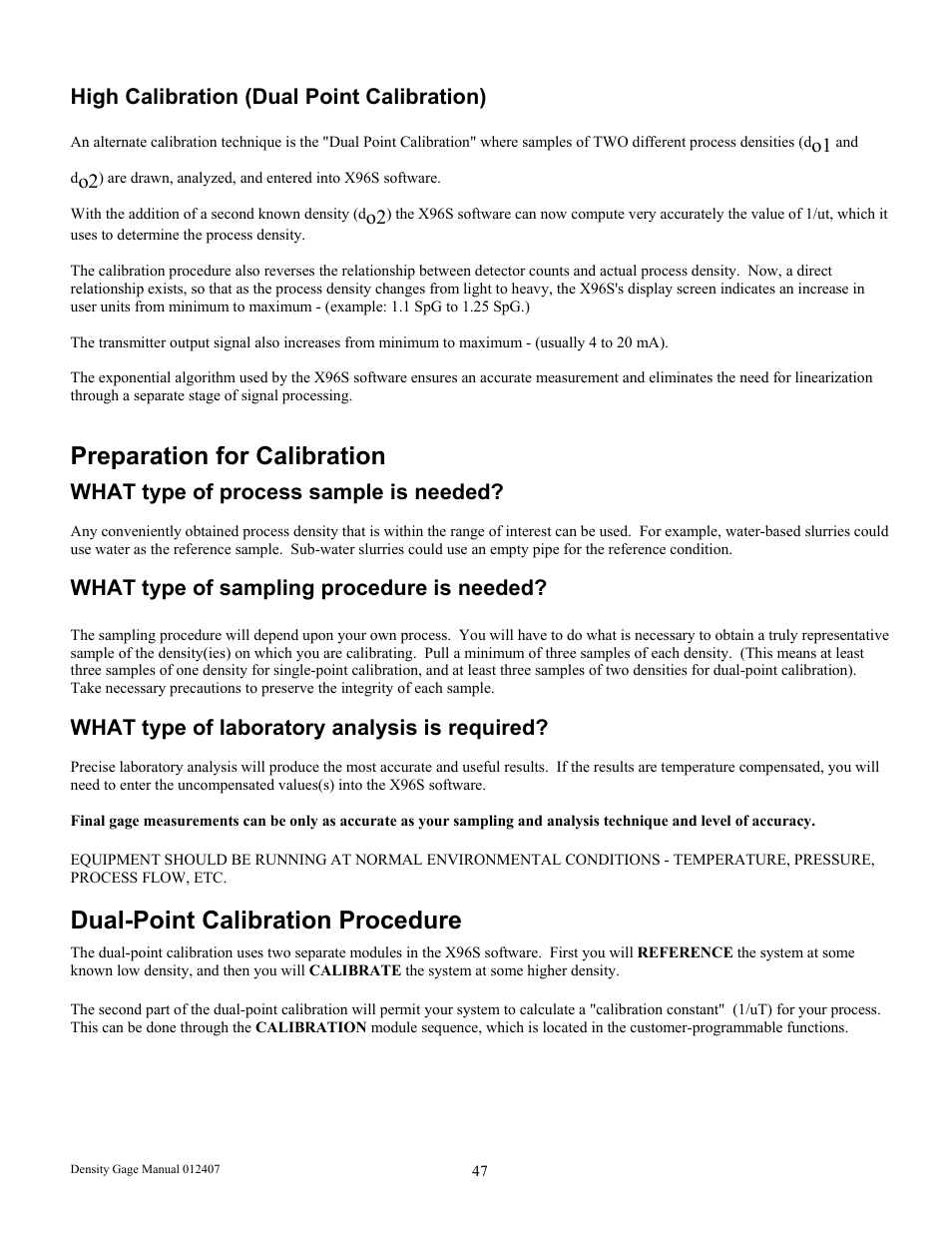 Preparation for calibration, Dual-point calibration procedure, High calibration (dual point calibration) | What type of process sample is needed, What type of sampling procedure is needed, What type of laboratory analysis is required | Ronan X96S DENSITY GAGE User Manual | Page 51 / 67