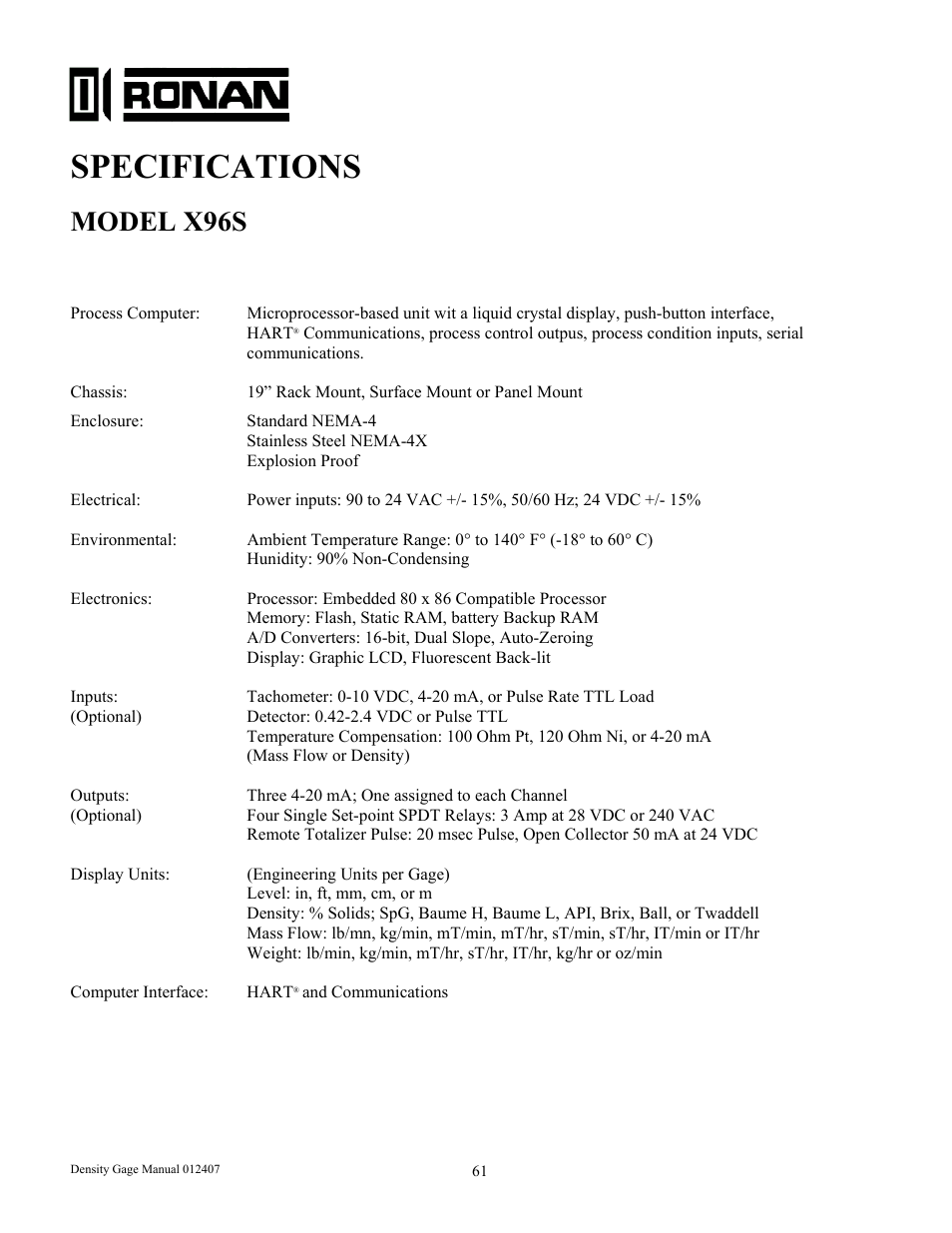 Specifications, Model x96s | Ronan X96S DENSITY GAGE User Manual | Page 65 / 67