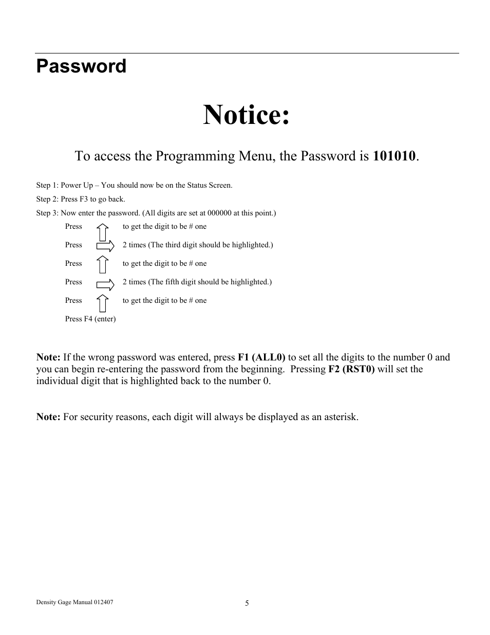 Notice, Password | Ronan X96S DENSITY GAGE User Manual | Page 9 / 67