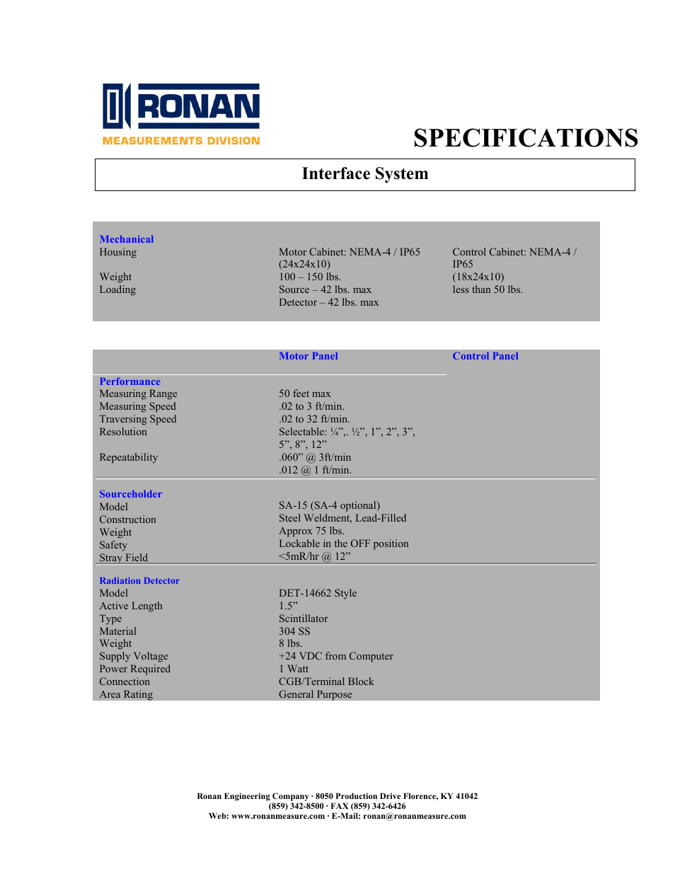 Specifications, Interface system | Ronan Interface System User Manual | Page 2 / 5