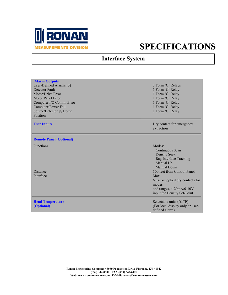 Specifications, Interface system | Ronan Interface System User Manual | Page 4 / 5