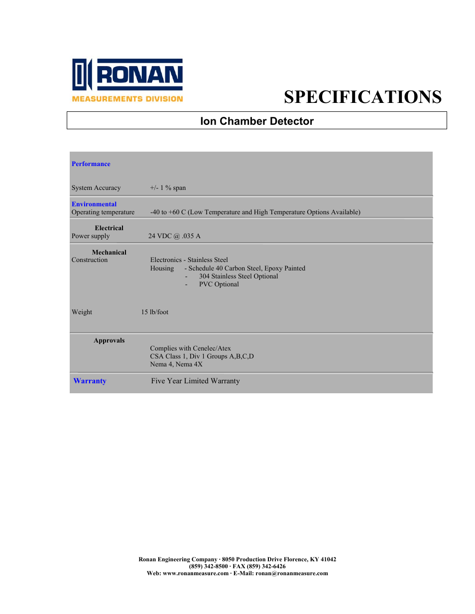 Specifications, Ion chamber detector | Ronan Ion Chamber Detector User Manual | Page 2 / 2