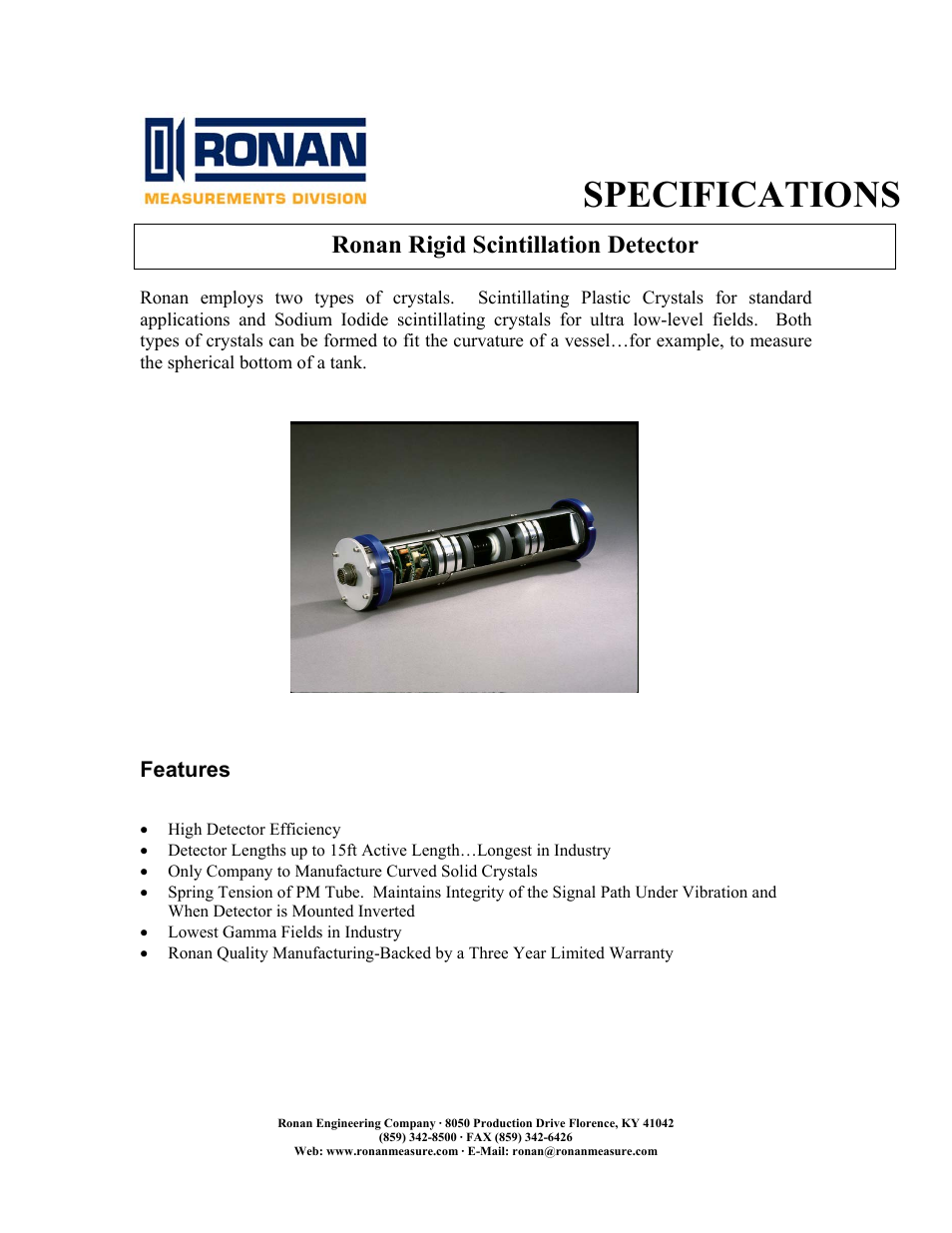 Ronan Rigid Scintillation Detector User Manual | 3 pages