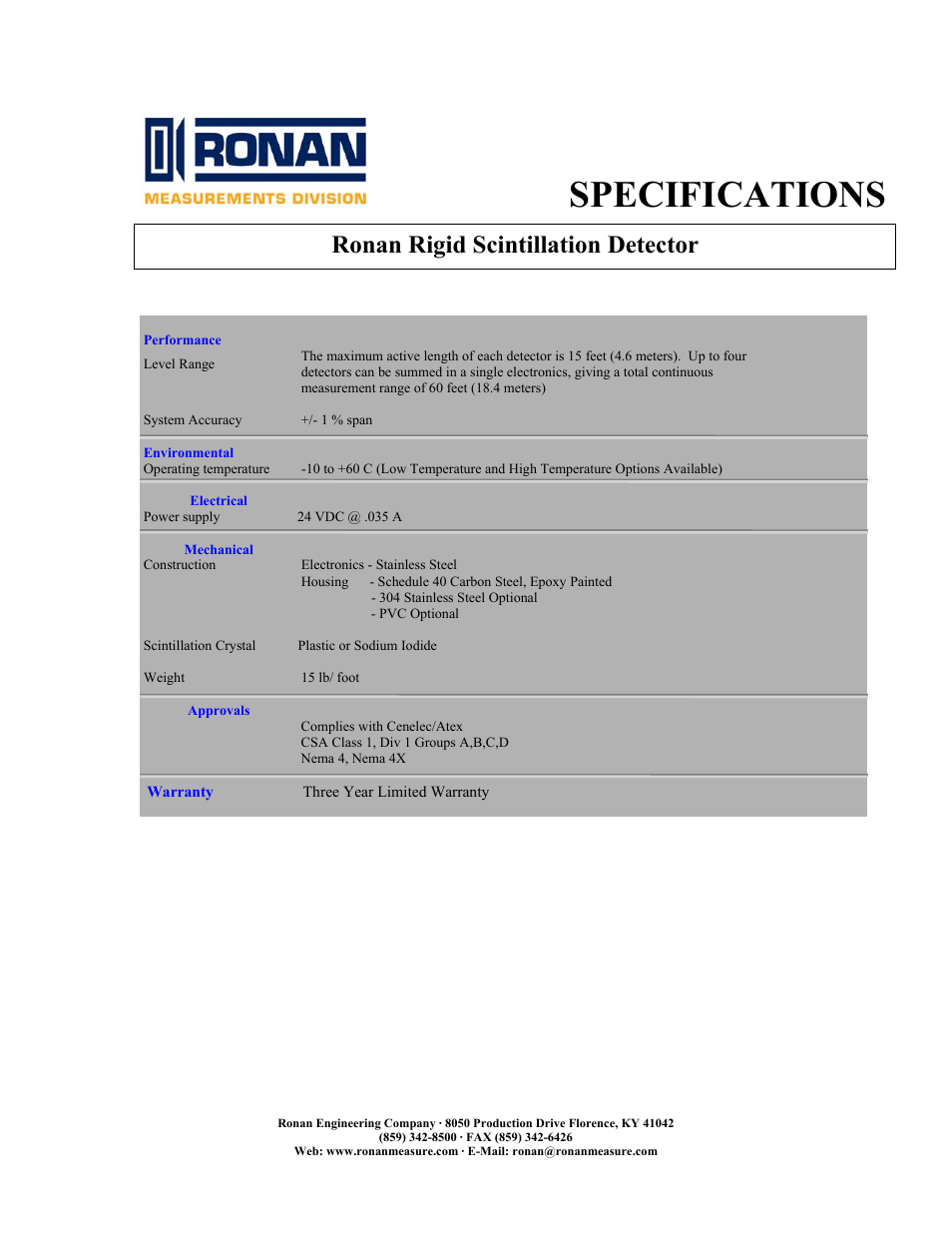 Specifications, Ronan rigid scintillation detector | Ronan Rigid Scintillation Detector User Manual | Page 2 / 3