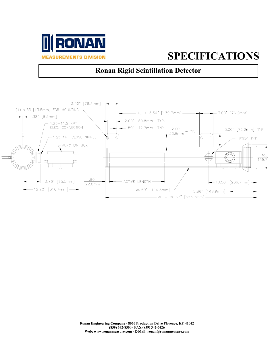 Specifications, Ronan rigid scintillation detector | Ronan Rigid Scintillation Detector User Manual | Page 3 / 3