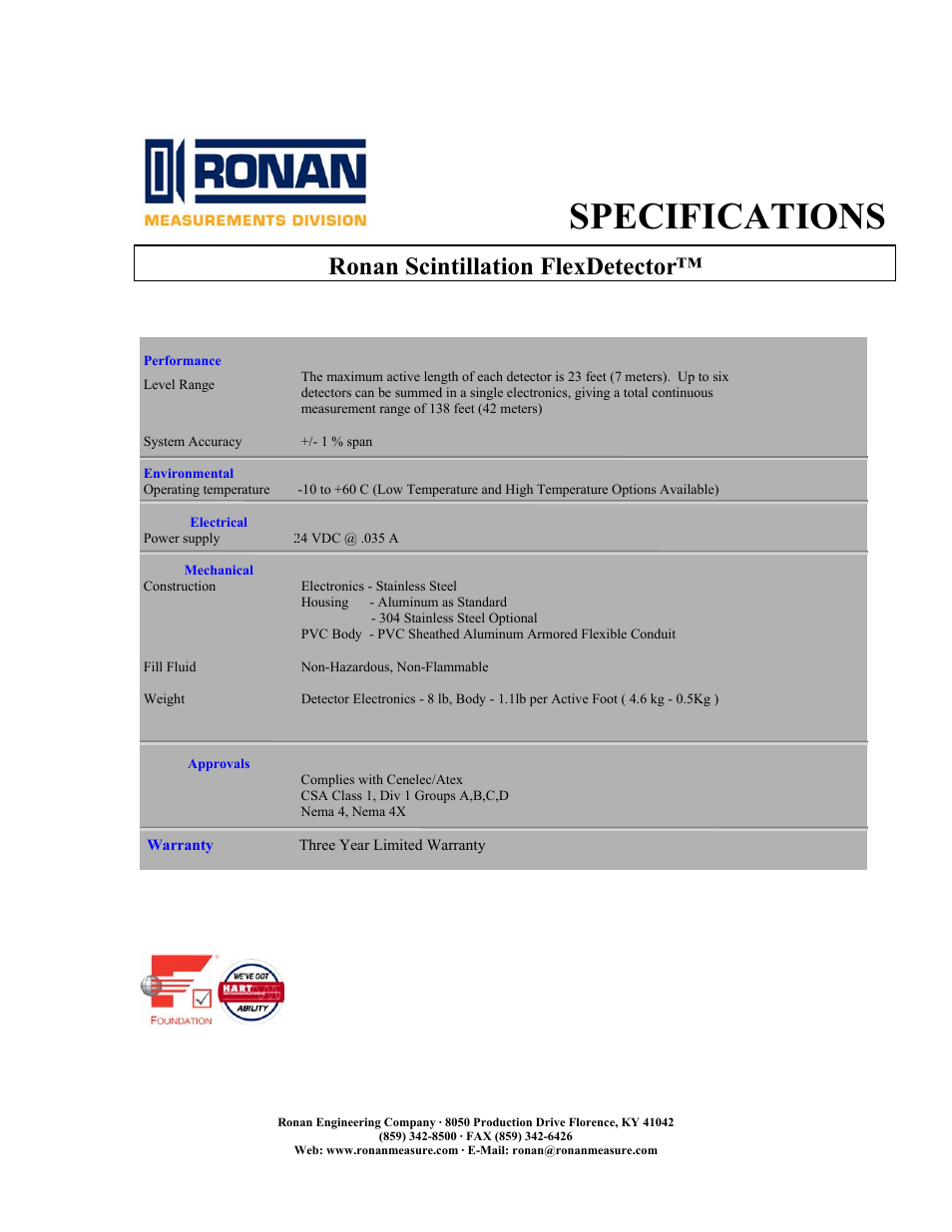 Specifications, Ronan scintillation flexdetector | Ronan Scintillation FlexDetector User Manual | Page 2 / 3