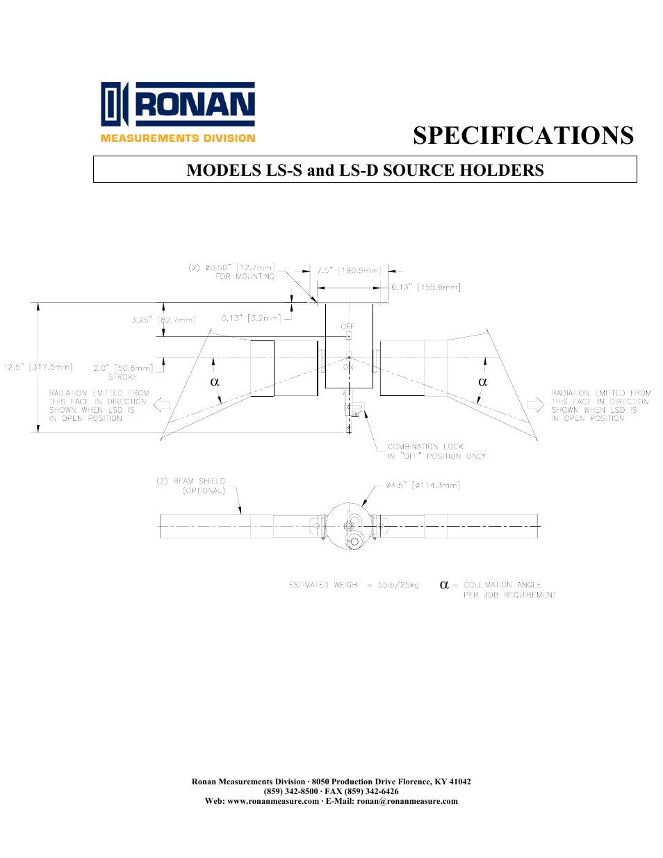 Specifications, Models ls-s and ls-d source holders | Ronan LS-D User Manual | Page 2 / 2