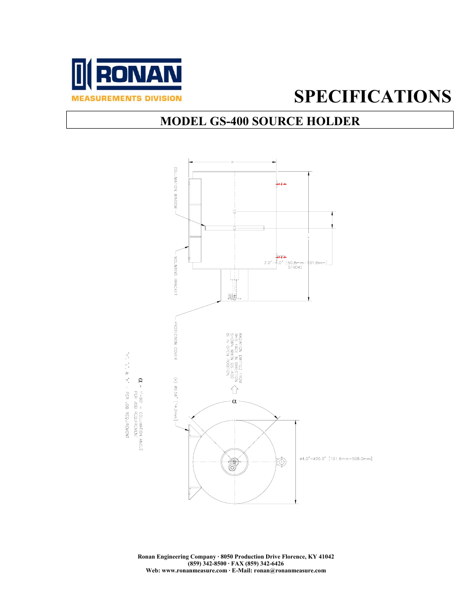 Specifications, Model gs-400 source holder | Ronan GS-400 User Manual | Page 2 / 2