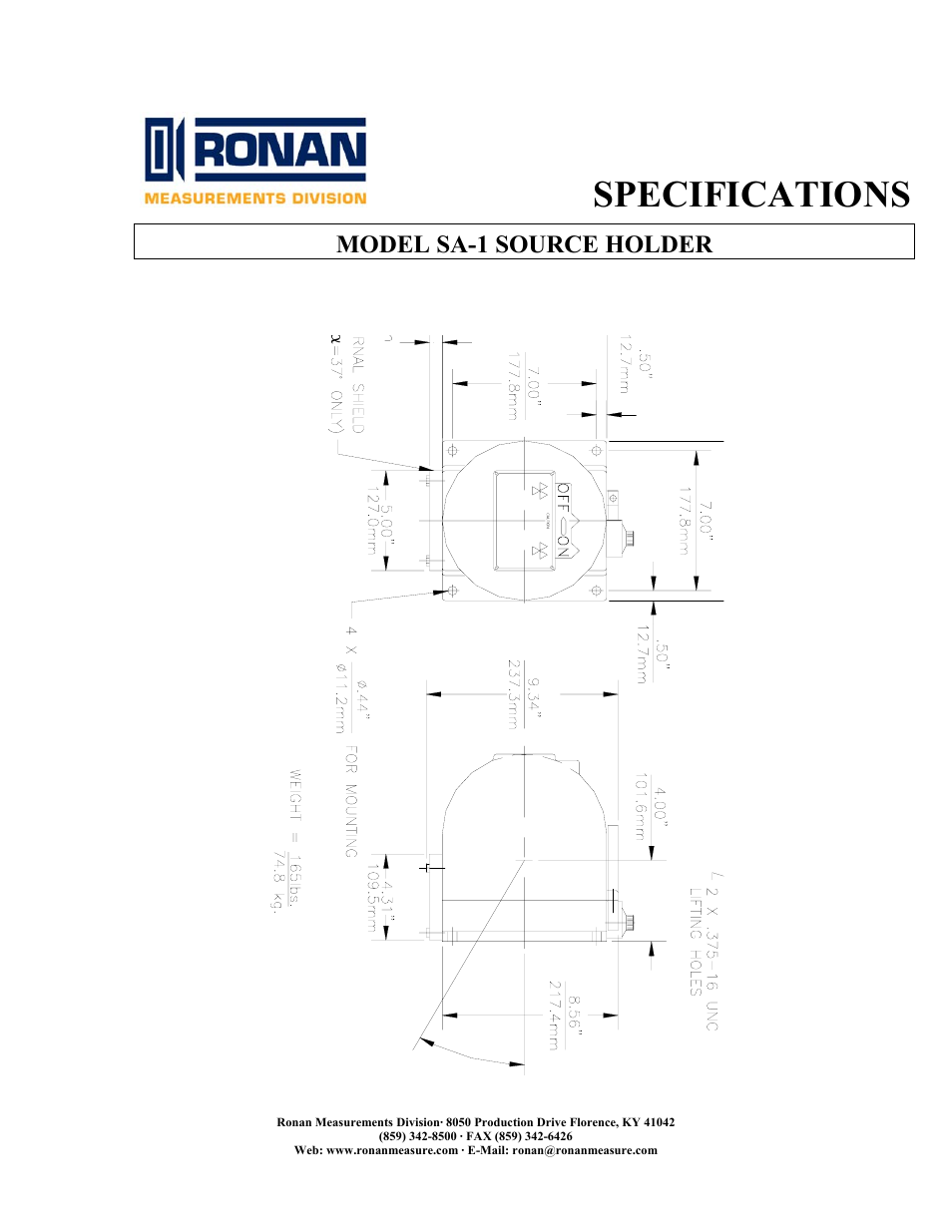 Specifications, Model sa-1 source holder | Ronan SA-1 User Manual | Page 2 / 2
