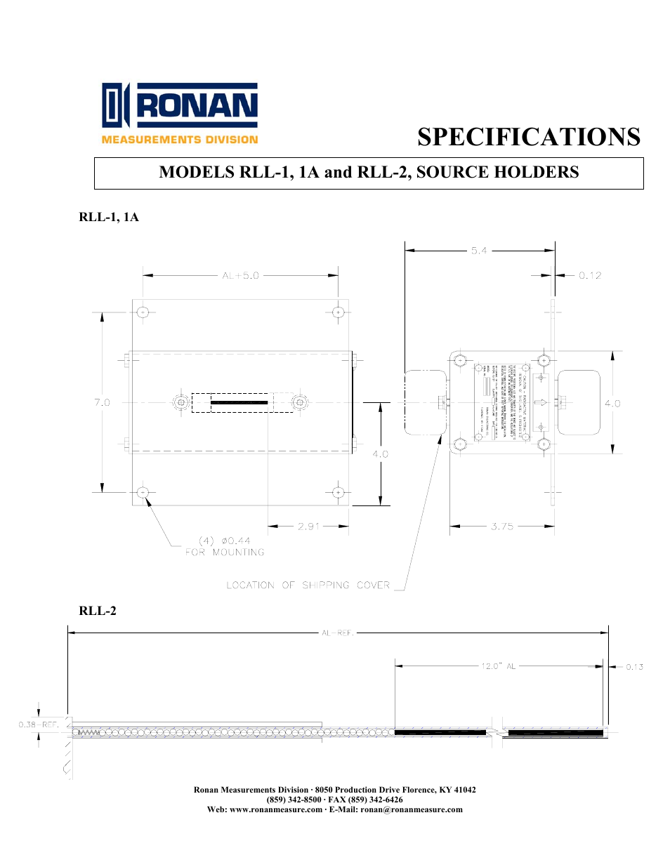 Specifications, Models rll-1, 1a and rll-2, source holders | Ronan RLL-2 User Manual | Page 2 / 2