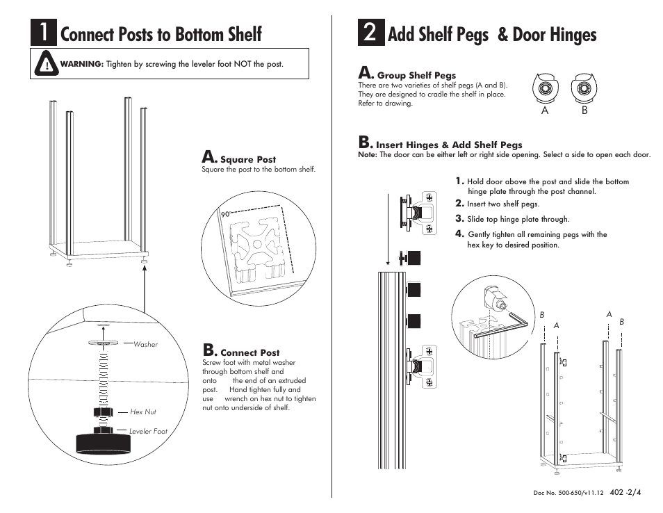 Connect posts to bottom shelf, Add shelf pegs & door hinges | Salamander Designs Synergy System SB402C/B User Manual | Page 2 / 4