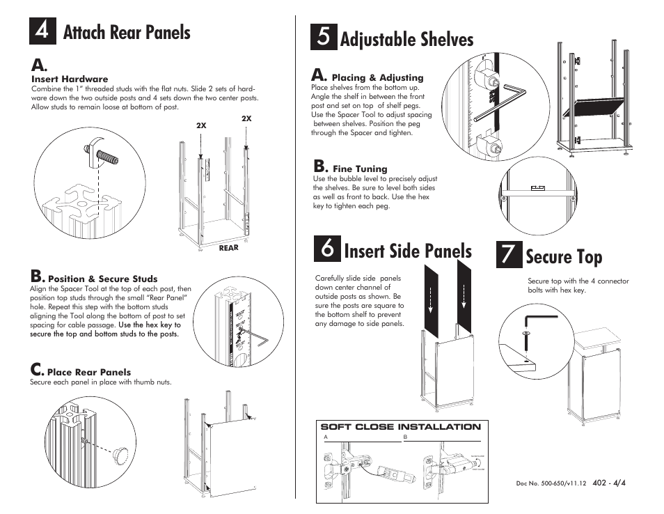 Insert side panels, Secure top, Attach rear panels | Adjustable shelves | Salamander Designs Synergy System SB402C/B User Manual | Page 4 / 4
