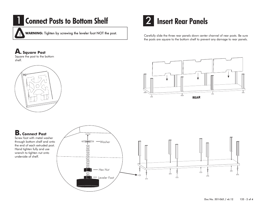 Connect posts to bottom shelf, Insert rear panels | Salamander Designs Synergy System SB133C/B User Manual | Page 2 / 4