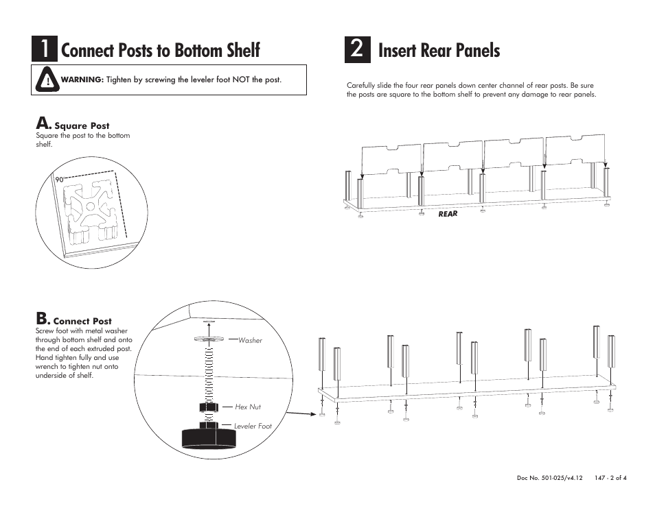 Connect posts to bottom shelf, Insert rear panels | Salamander Designs Synergy System 147C/B User Manual | Page 2 / 4