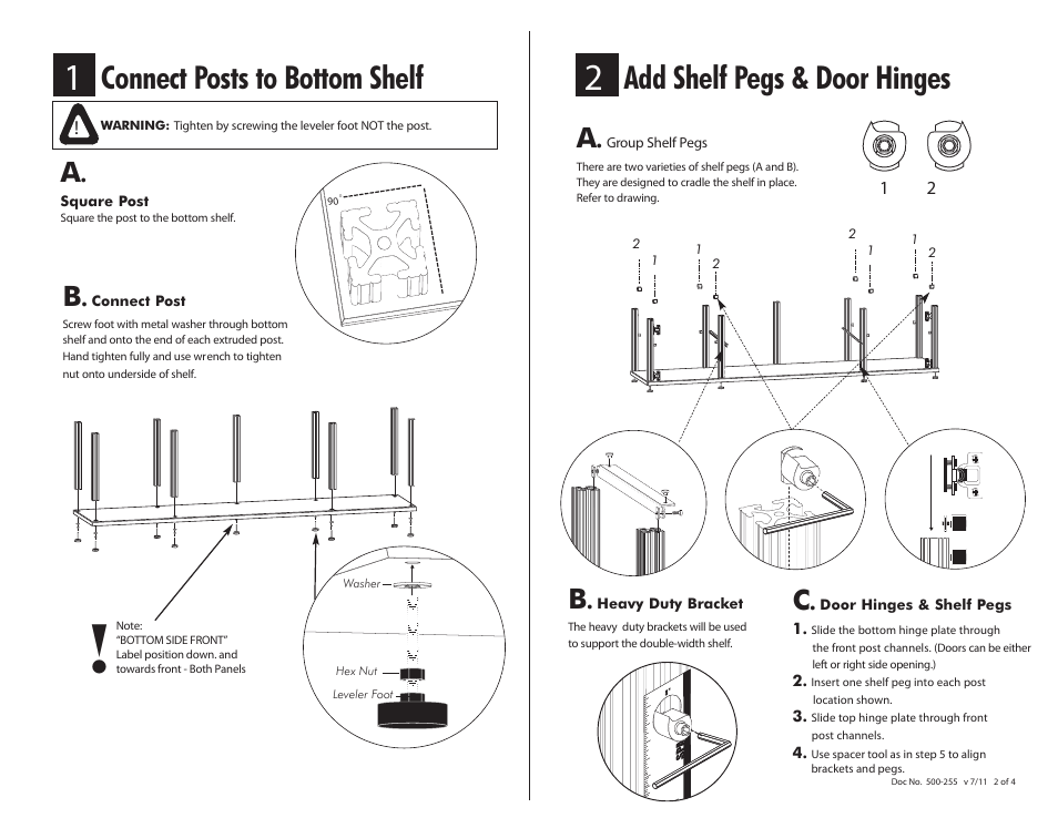 Connect posts to bottom shelf, Add shelf pegs & door hinges | Salamander Designs Synergy System SB248C/B User Manual | Page 2 / 4