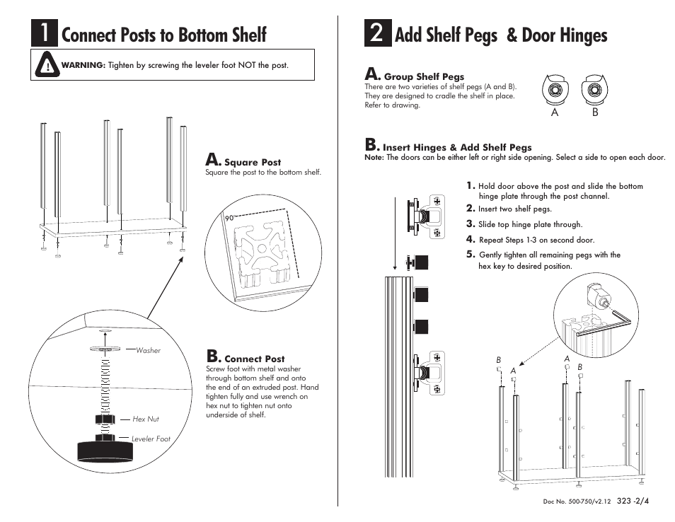 Connect posts to bottom shelf, Add shelf pegs & door hinges | Salamander Designs Synergy System SB323C/B User Manual | Page 2 / 4