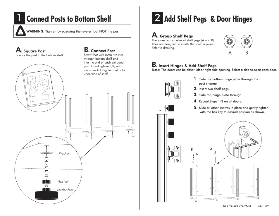 Connect posts to bottom shelf, Add shelf pegs & door hinges | Salamander Designs Synergy System SB337C/B User Manual | Page 2 / 4