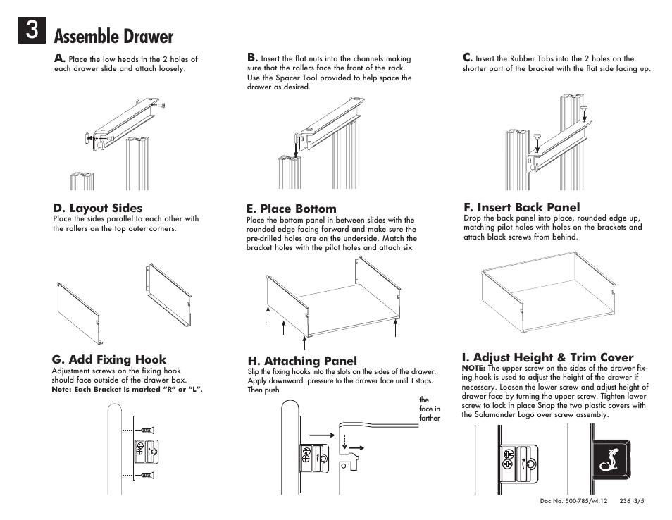Assemble drawer, D. layout sides, H. attaching panel | I. adjust height & trim cover, E. place bottom, F. insert back panel, G. add fixing hook | Salamander Designs Synergy System SB236C/B User Manual | Page 3 / 5