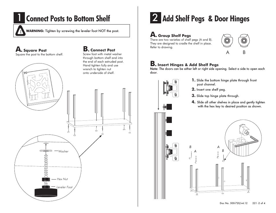 Connect posts to bottom shelf, Add shelf pegs & door hinges | Salamander Designs Synergy System SB221C/B User Manual | Page 2 / 4