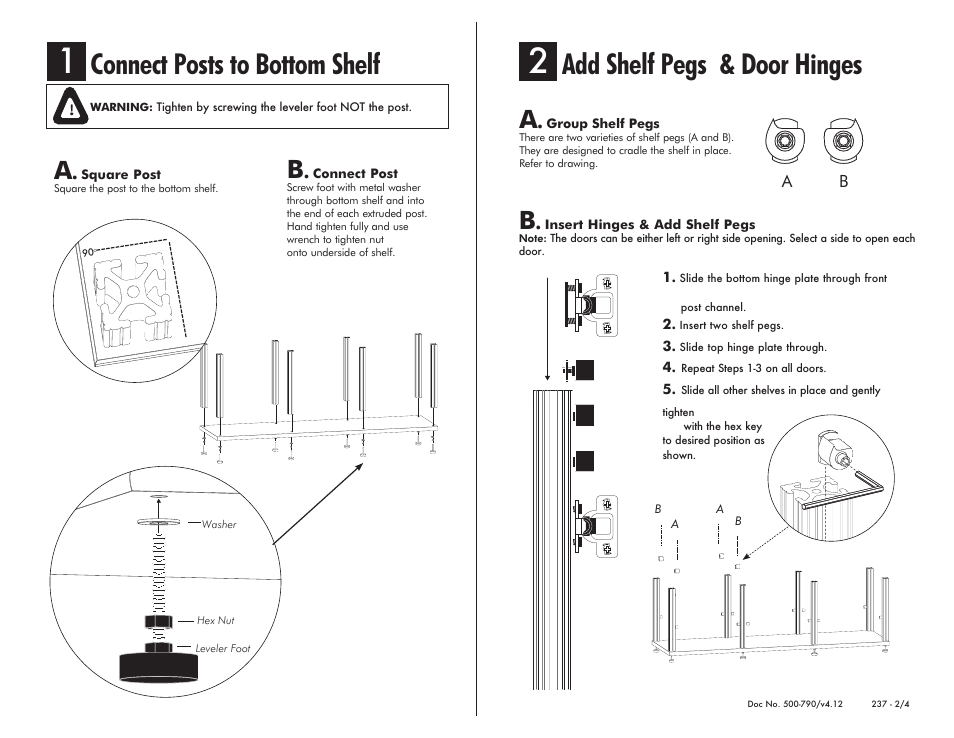 Connect posts to bottom shelf, Add shelf pegs & door hinges | Salamander Designs Synergy System SB237C/B User Manual | Page 2 / 4