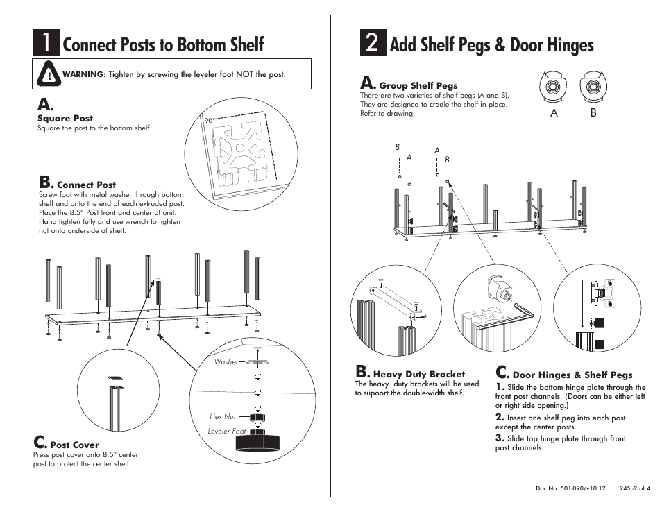 Connect posts to bottom shelf, Add shelf pegs & door hinges | Salamander Designs Synergy System 245C/B User Manual | Page 2 / 4