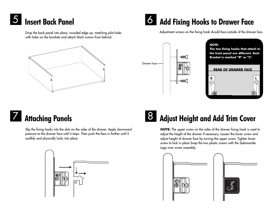 Insert back panel, Attaching panels, Adjust height and add trim cover | Add fixing hooks to drawer face | Salamander Designs Synergy System SA/MD/W User Manual | Page 4 / 4