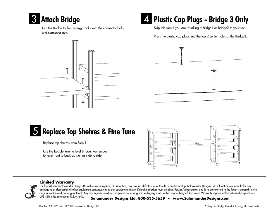 Attach bridge, Plastic cap plugs - bridge 3 only, Replace top shelves & fine tune | Salamander Designs Synergy System SBX/B User Manual | Page 2 / 2