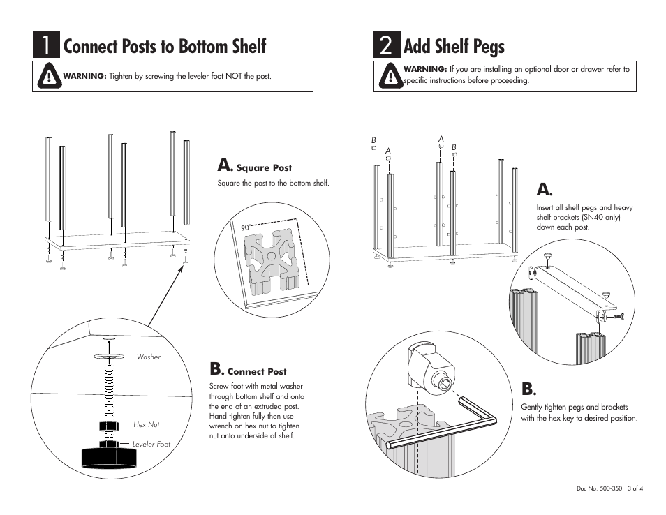 Connect posts to bottom shelf, Add shelf pegs | Salamander Designs Synergy System SN20C/B User Manual | Page 3 / 4